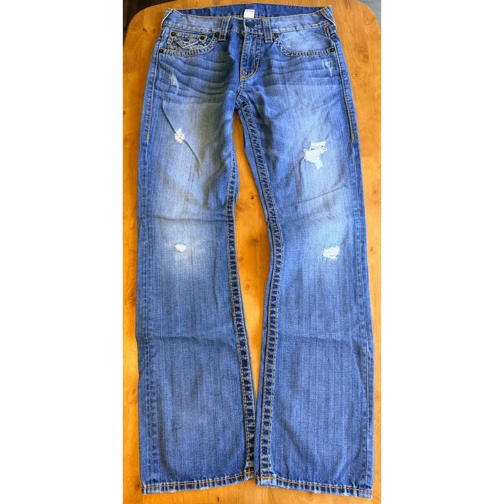 True Religion Mens Distressed Straight Leg Jeans Size 31 Horseshoe Stitch 576